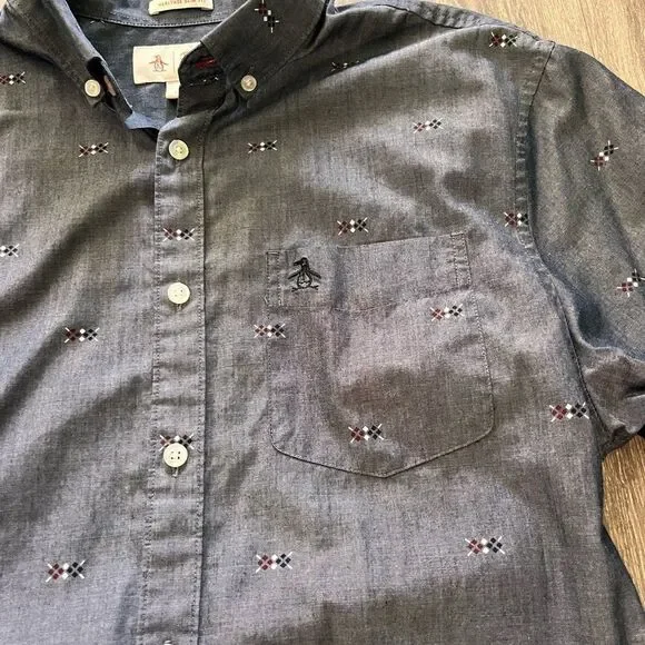 Penguin by Munsingwear Men’s L Short Sleeve Slim Fit Shirt Gray-Blue - Picture 3 of 5